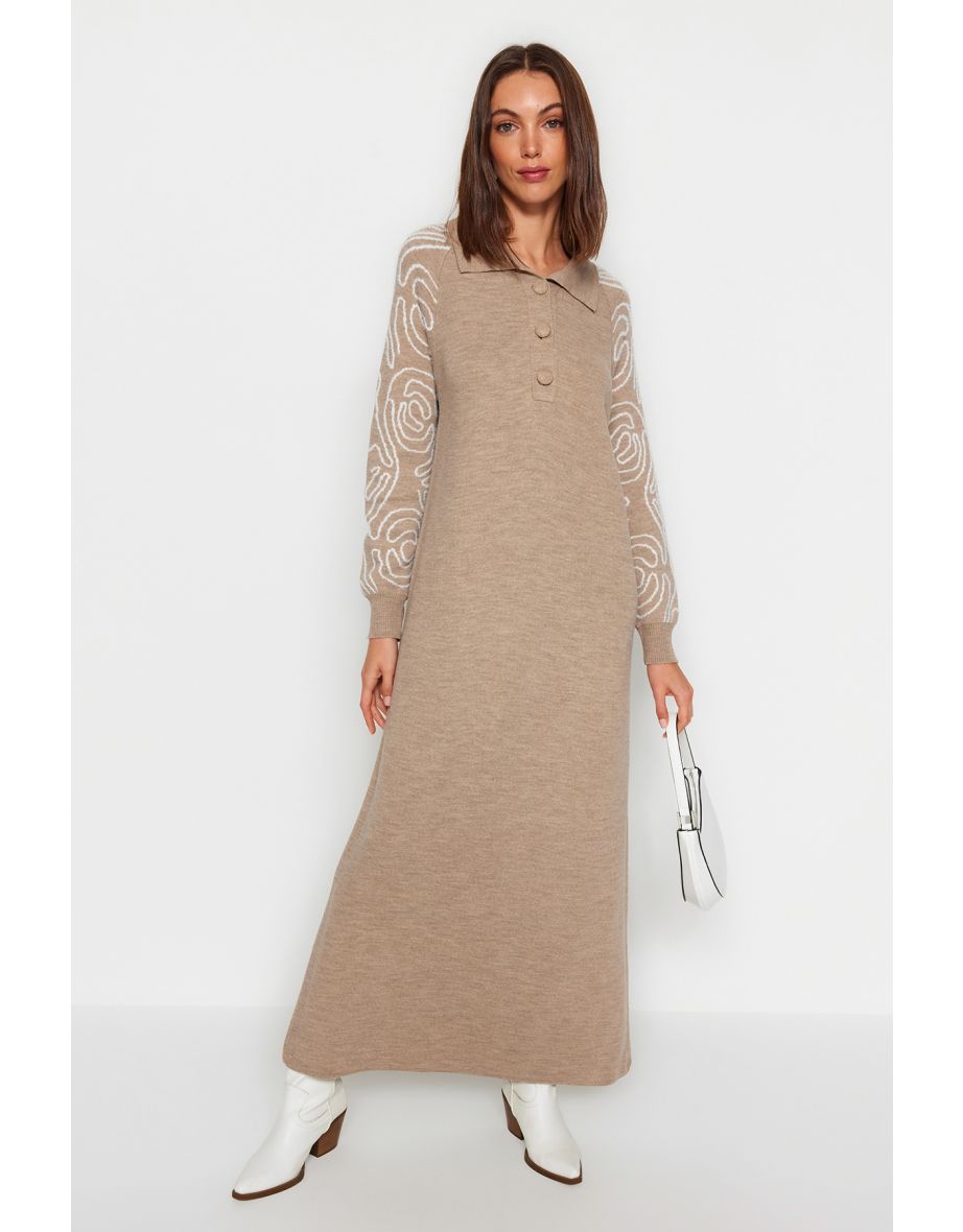 Mink Polo Neck Sleeves Patterned Sweater Dress