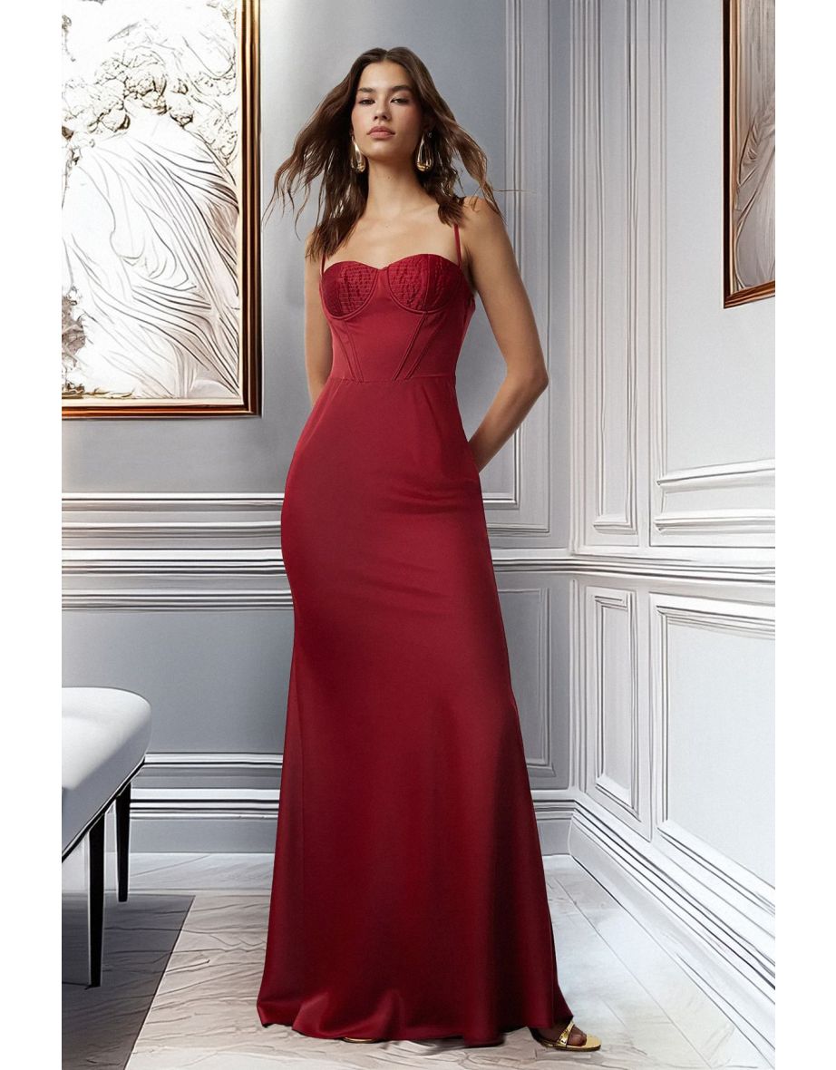 Burgundy Satin Woven Fish Cut Long Evening Dress & Graduation Dress
