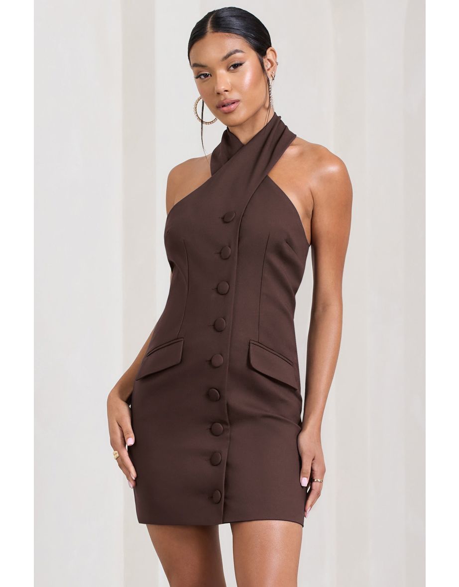 Dani | Chocolate Halter Neck Tailored Buttoned Bodycon Mini Dress - 4