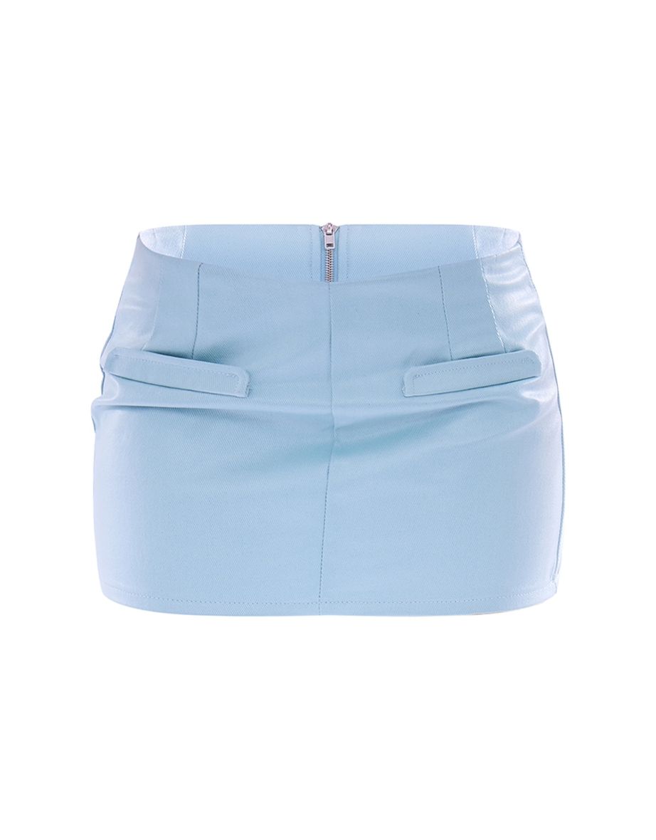 Aqua Blue Blue Low Rise Pocket Detail Coated Denim Micro Mini Skirt - 5