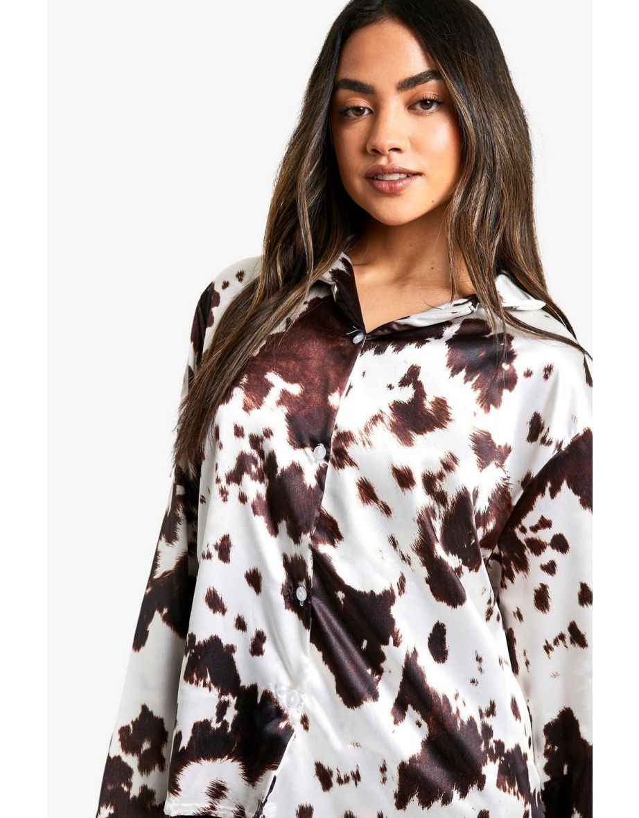 Satin Cow Print Pyjama Long Sleeve Shirt Trouser Set - chocolate - 3