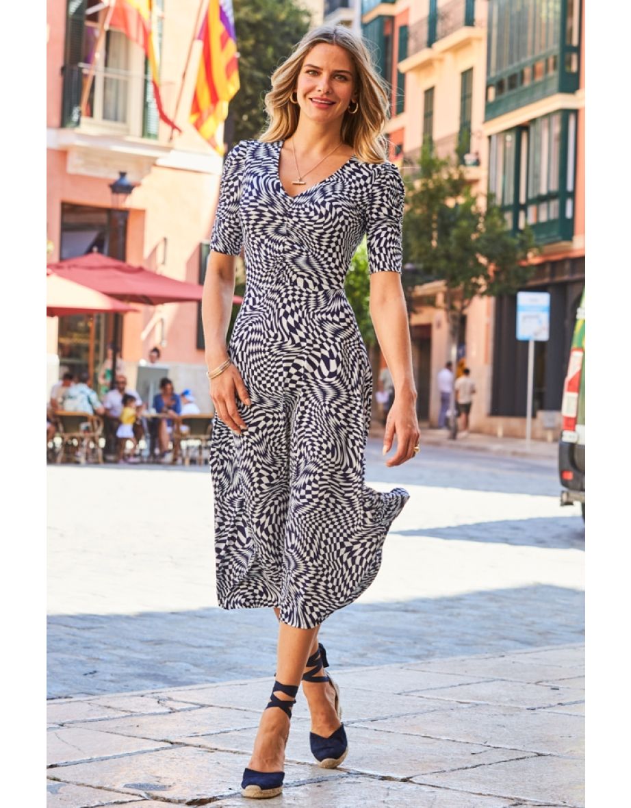 Navy Blue & White Geometric Print Jersey Ruched Front Midi Dress