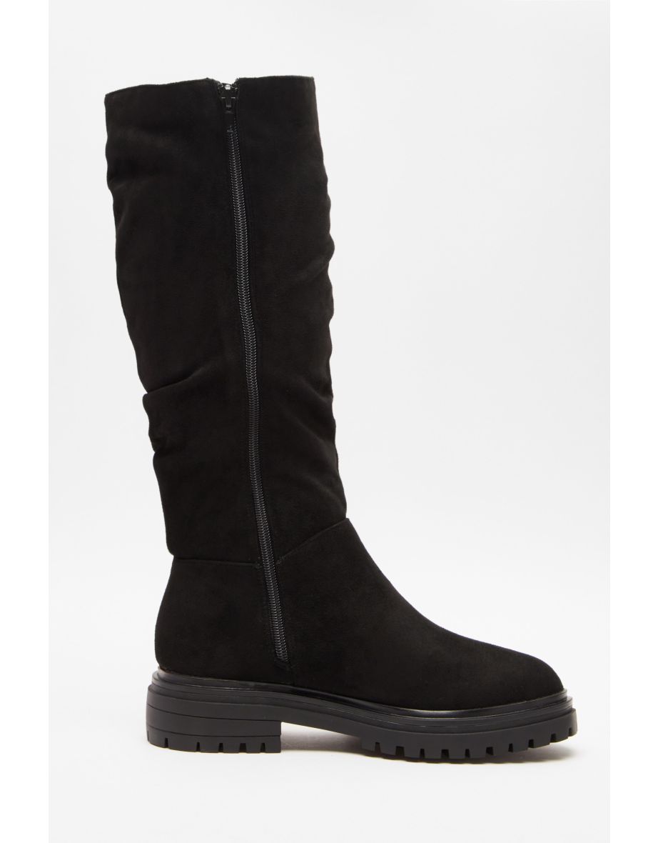 Black Faux Suede Ruched Boots - 5