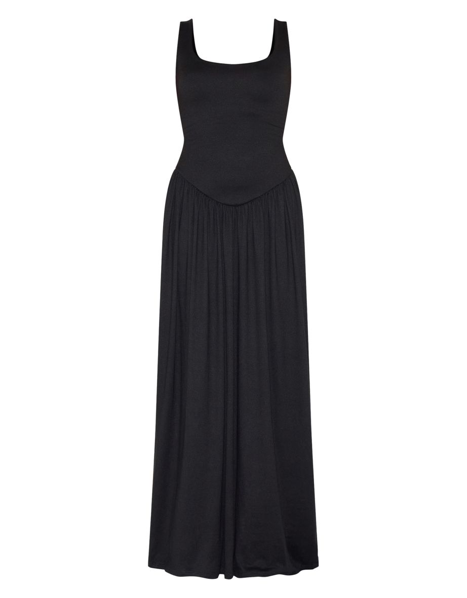 Petite Black Contour Jersey Scoop Neck Pleated Maxi Dress - 4