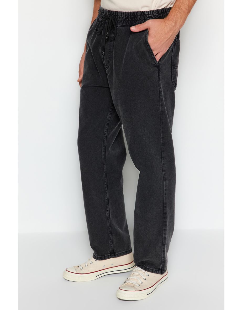 Men's Black Regular Fit Elastic Waist Jeans Denim Trousers