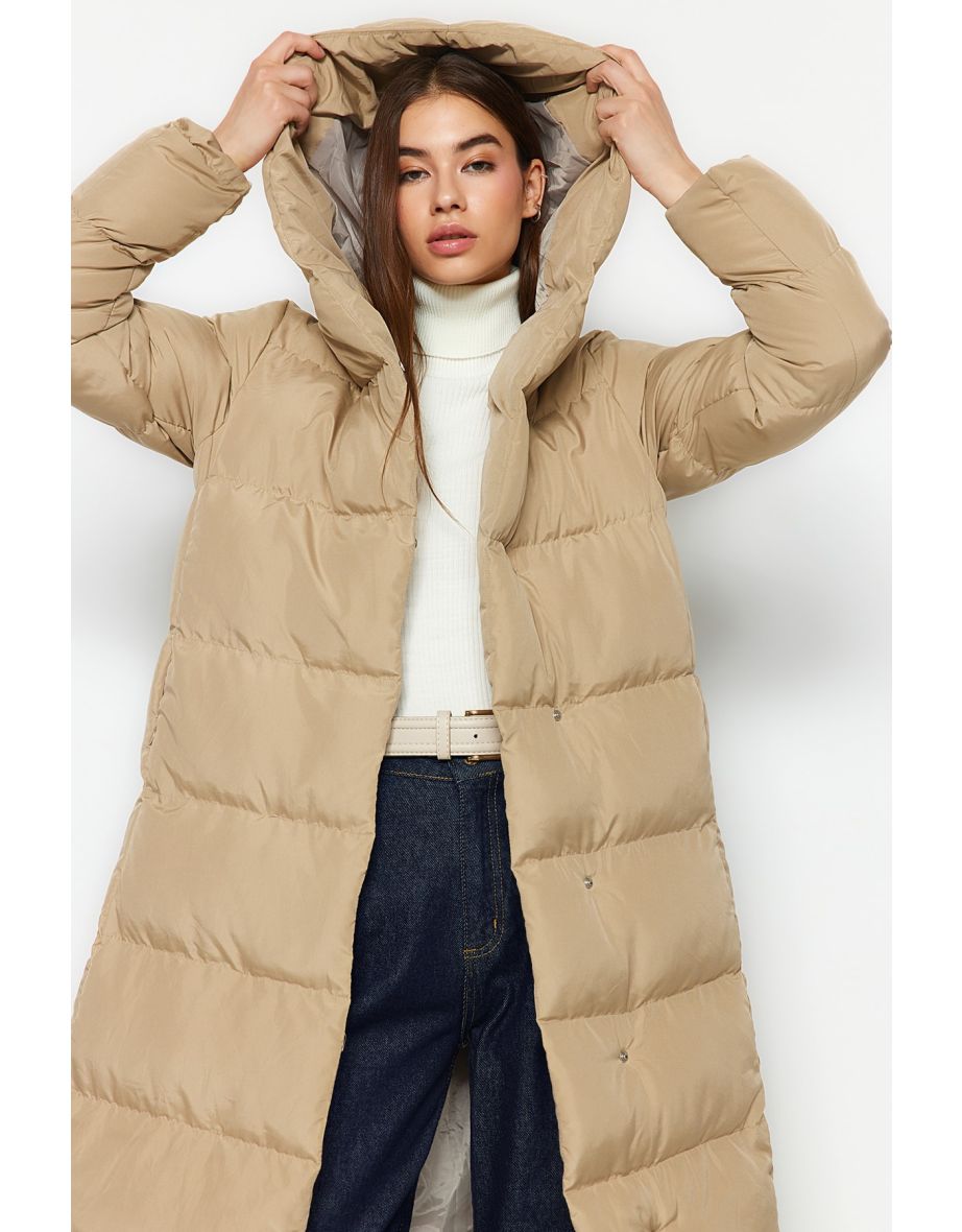 Mink Long Quilted Puffer Jacket with Side Snap Closure Water Repellent