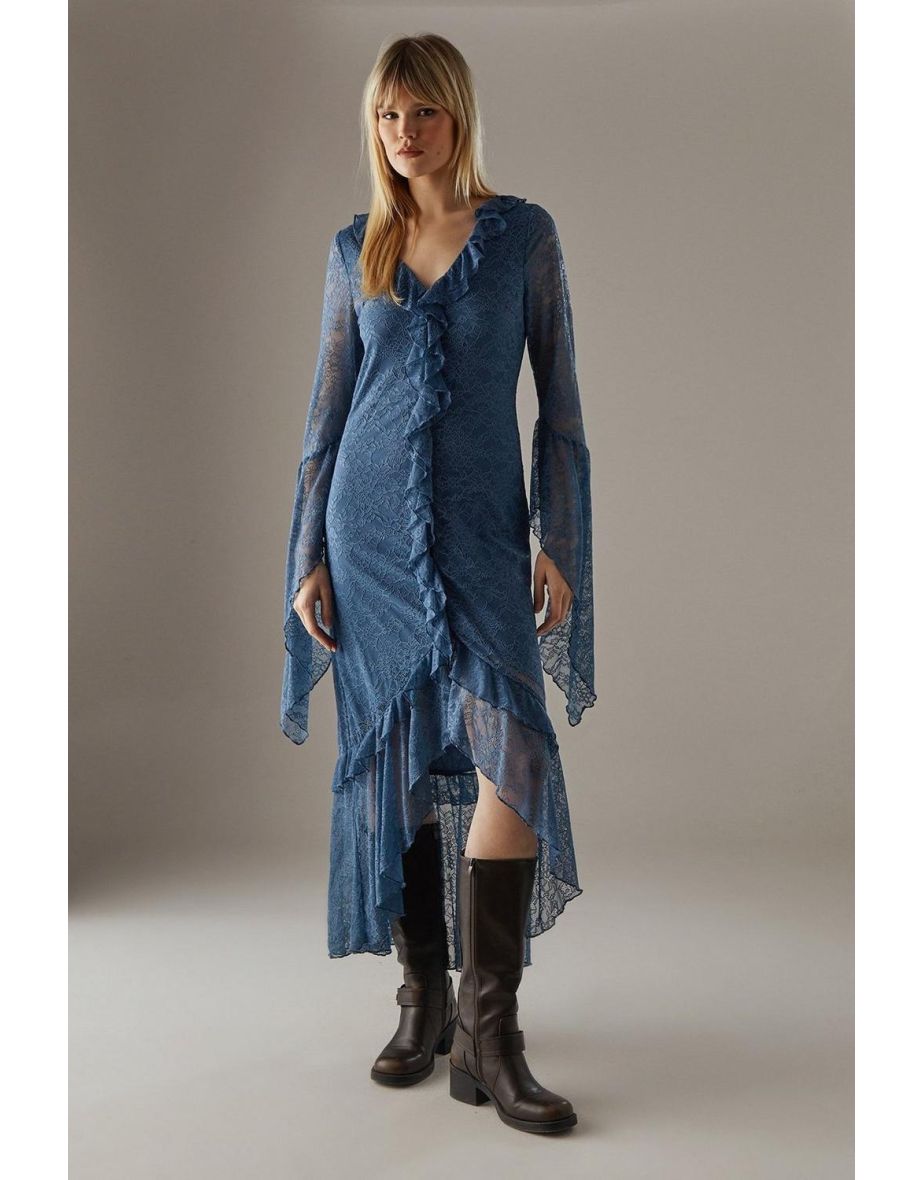 Lace Button Through Ruffle Maxi Dress