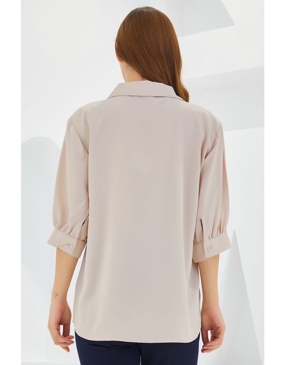 Women's Cream Shirt Collar Satin Blouse - 4