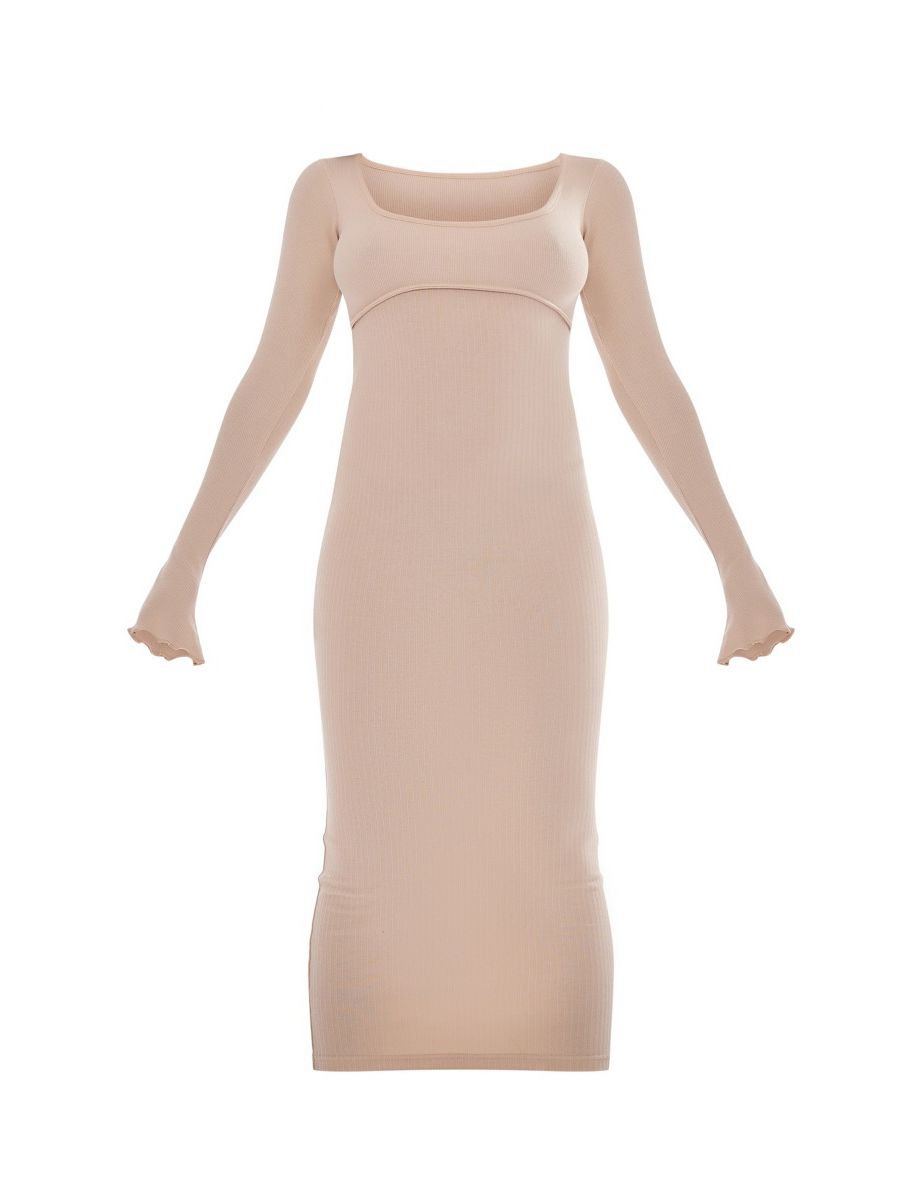 Stone Ribbed Seam Detail Long Sleeve  Dress - 4