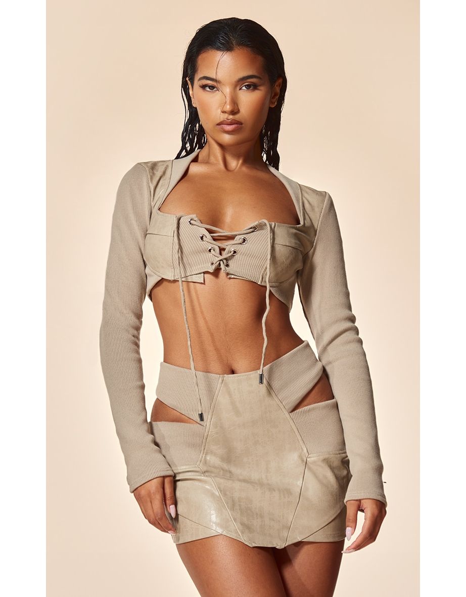 PLT Label Stone Lace Up Detail Faux Leather Crop Top