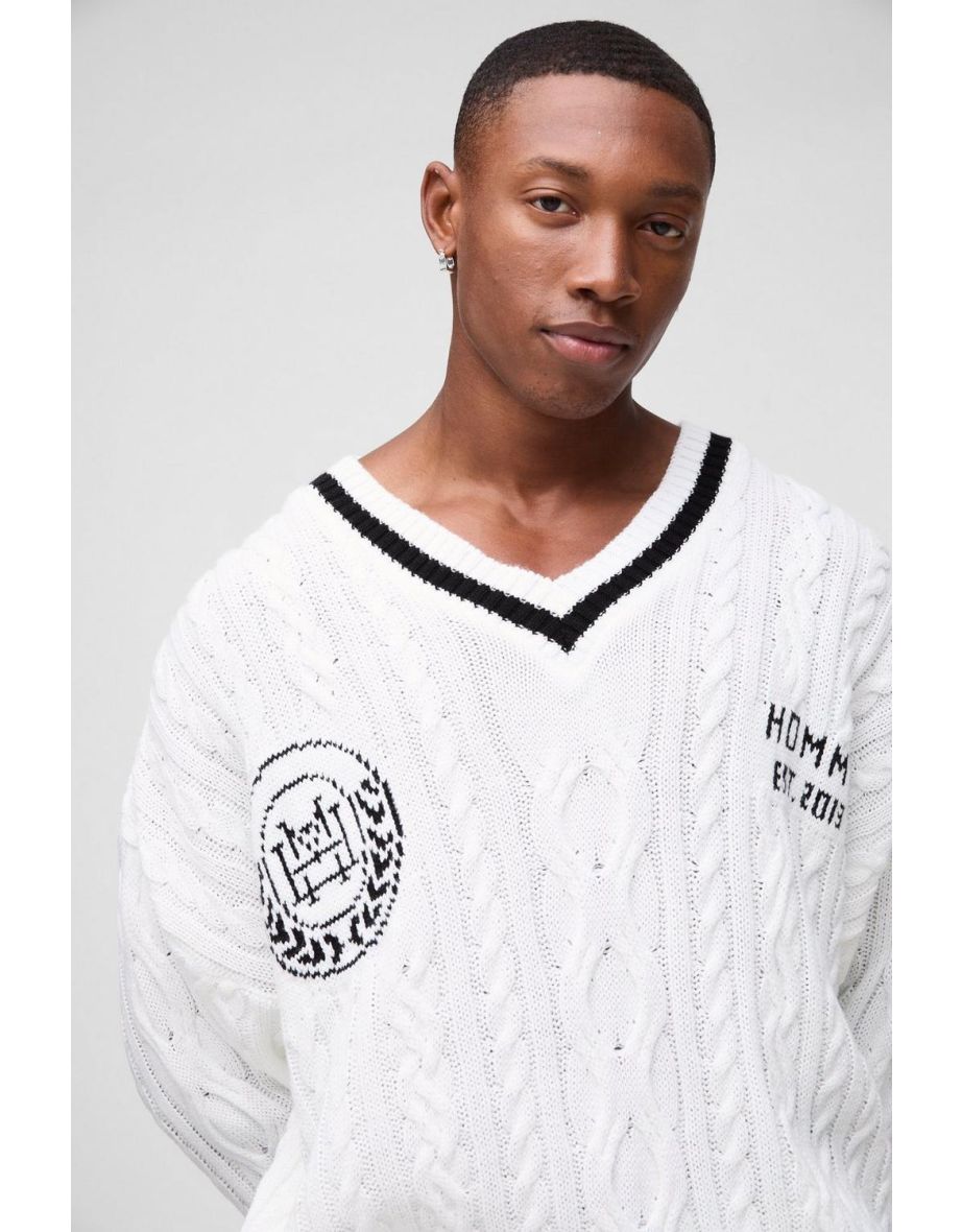 Oversized V Neck Varsity Jumper - ecru - 2