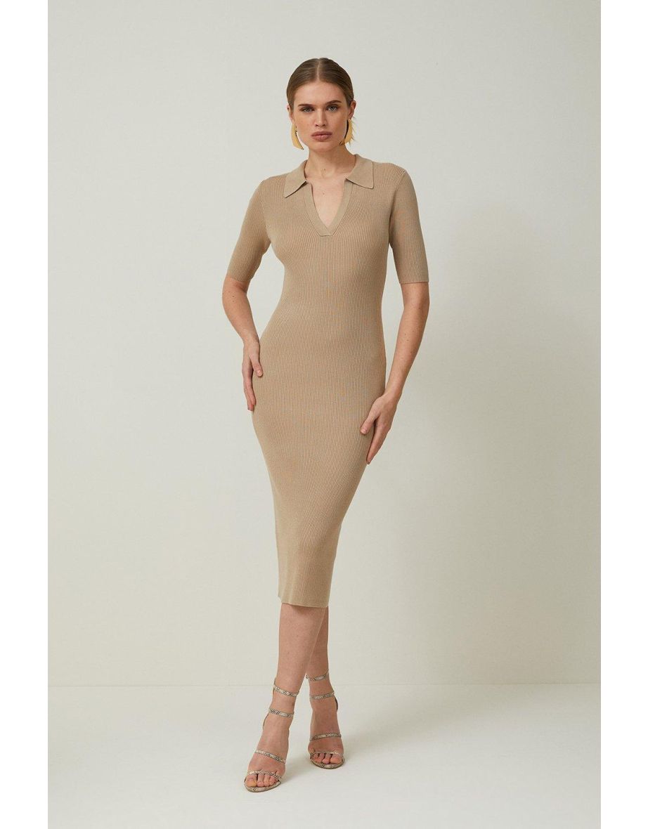 Viscose Blend Collared Rib Knitted Midi Dress