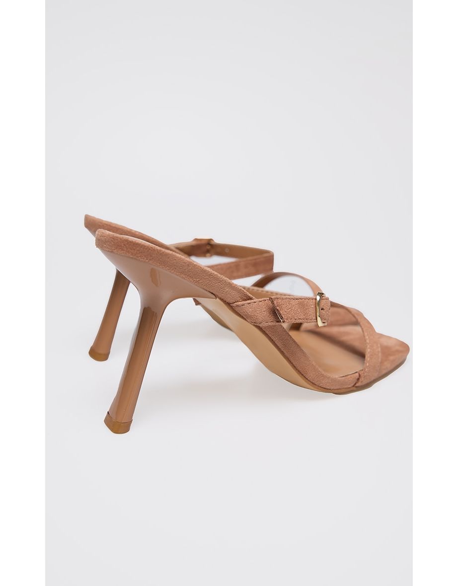 Tan Faux Suede Square Toe Strappy Heeled Mule Sandals - 3