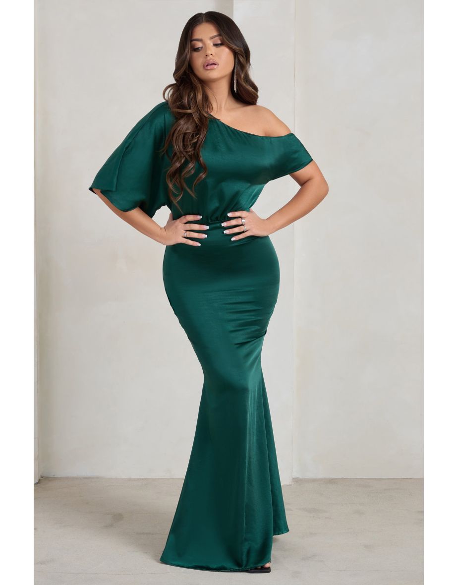 Sabrina | Bottle Green Asymmetric Off The Shoulder Satin Maxi Dress