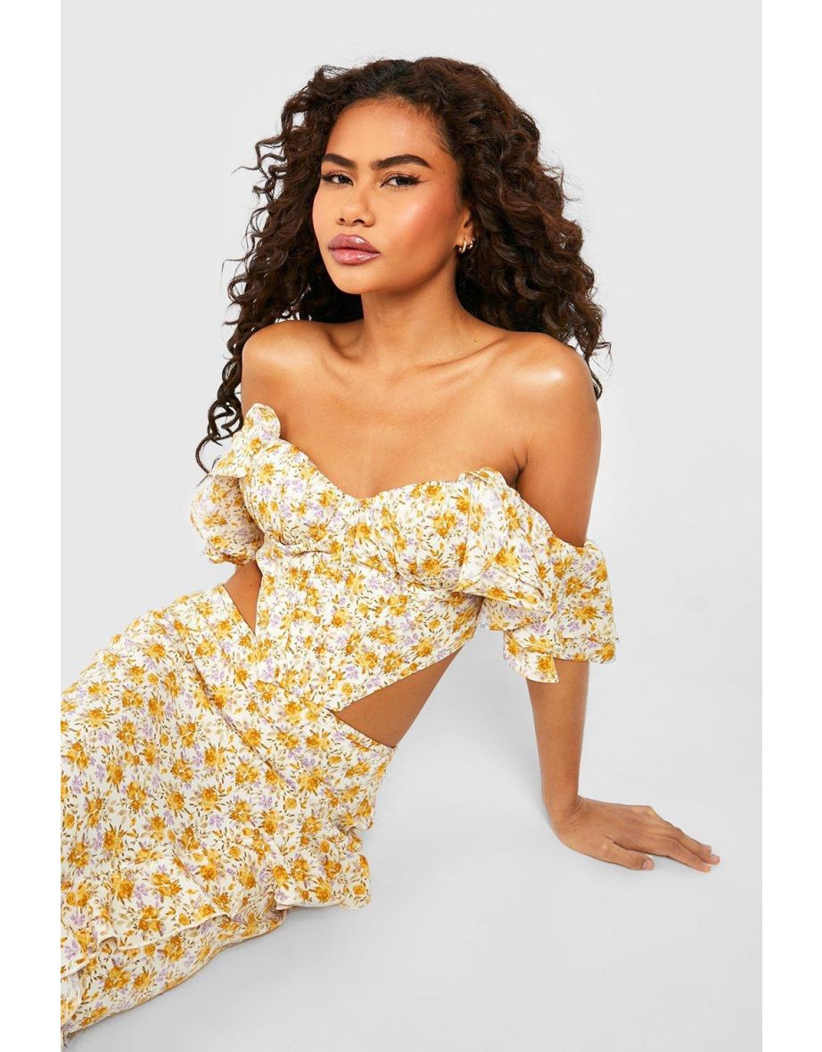 Floral Ruffle Sleeve Off The Shoulder Corset Top - yellow - 3