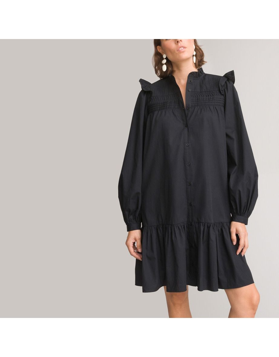 Cotton Ruffle Mini Dress with Long Sleeves