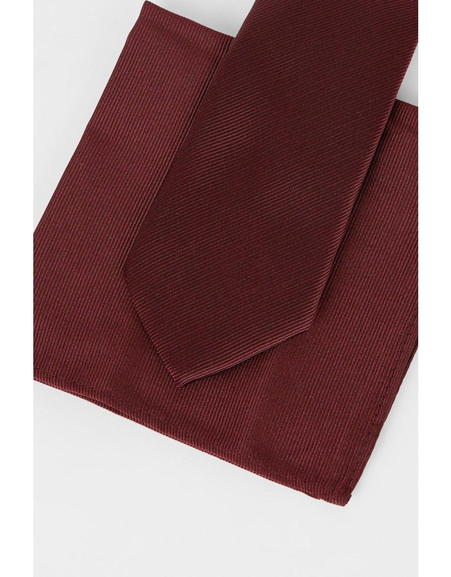 Burgundy Plain Tie And Pocket Square Set - 3