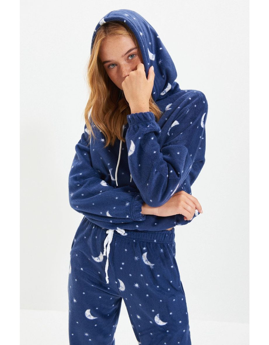 Navy Blue Hooded Galaxy Pattern Polar Knitted Pajamas Set - 4