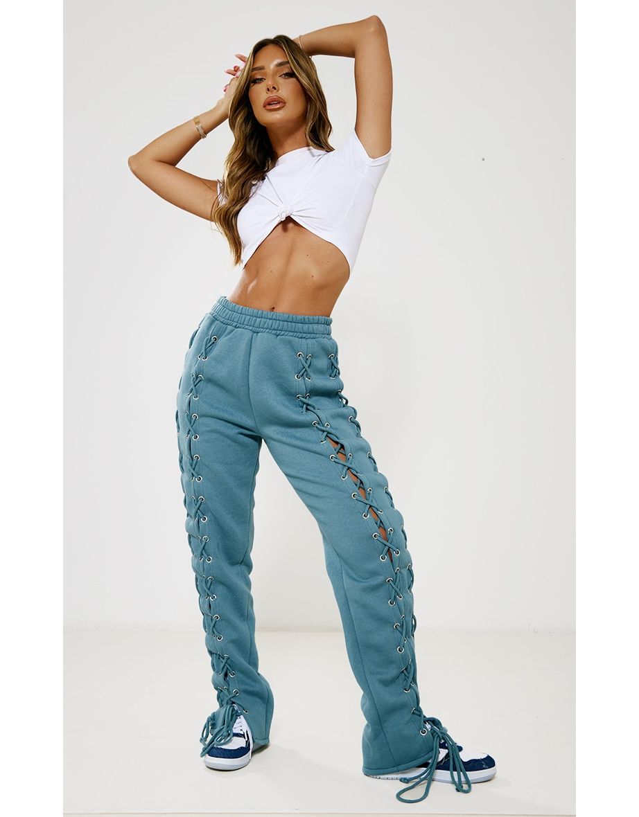 Steel Blue Lace Up Side Detail Oversized Joggers