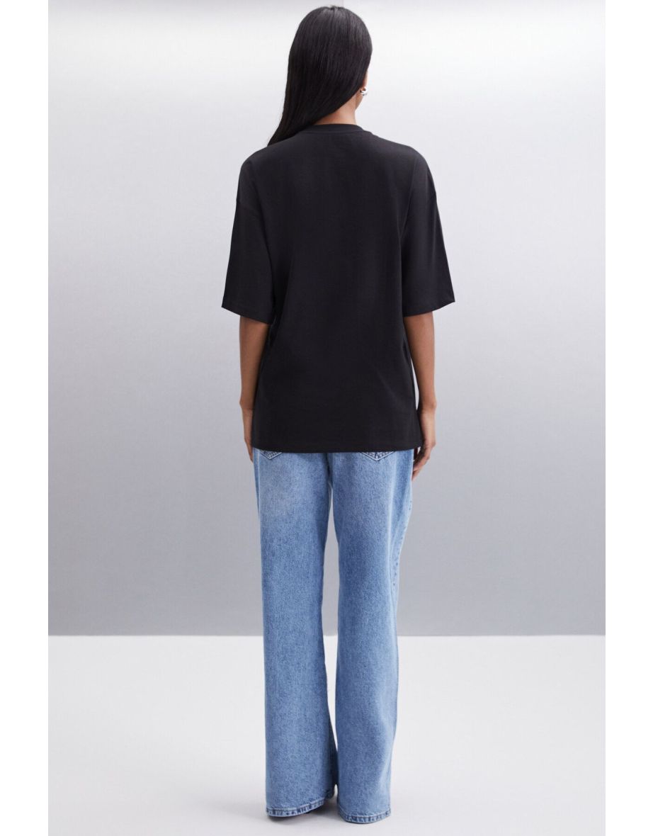 Gladys Women's City Themed Print Detail Oversize Fit Crew Neck Organic Cotton Black T-shirt - 5