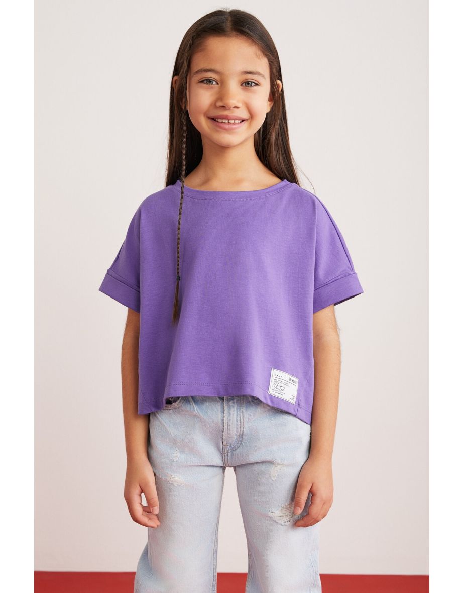 Verena Girls' 100% Cotton Double Sleeve Ornamental Label Purple T-shirt