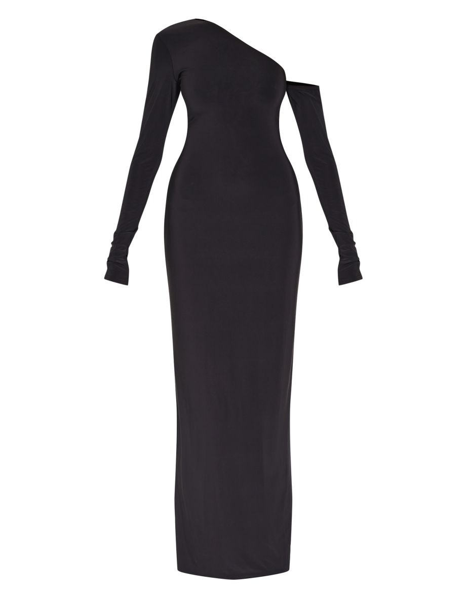 Black Double Slinky Asymmetric Neck Long Sleeve Maxi Dress - 4