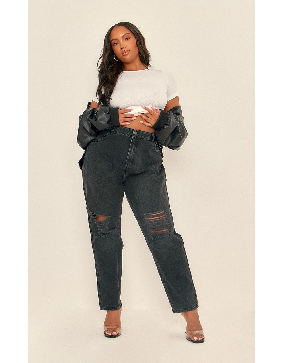 PRETTYLITTLETHING Washed Black Ripped Mom Jeans