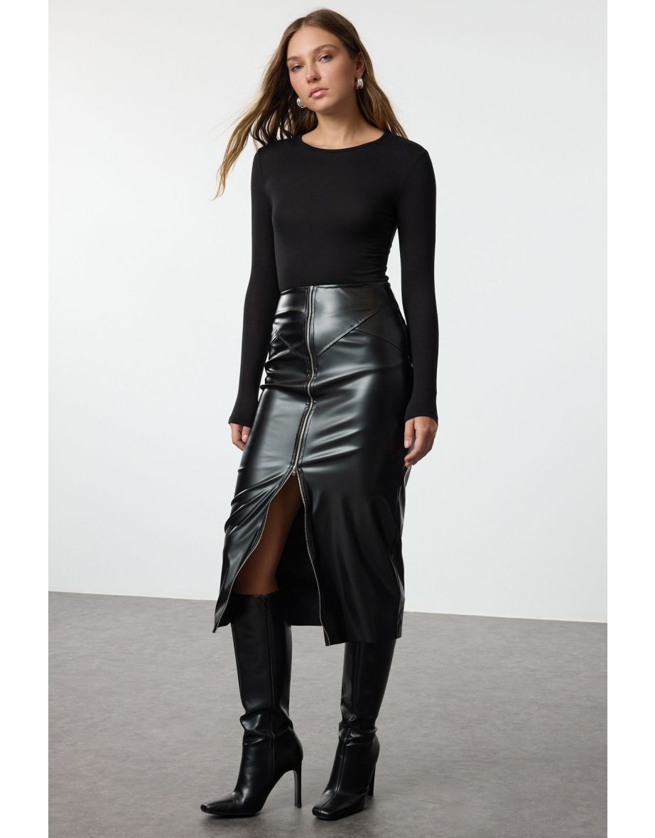 Black Zipper Detailed Midi Faux Leather Skirt