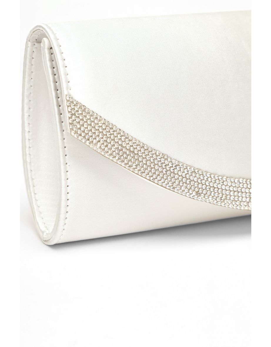 White Satin Embellished Clutch Bag - 4