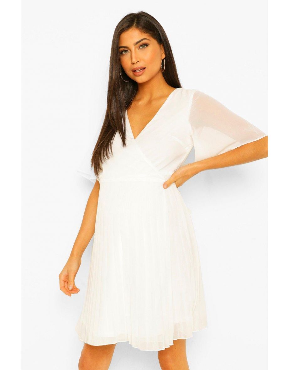 Maternity Pleated Wrap Midi Skater Dress - white - 3