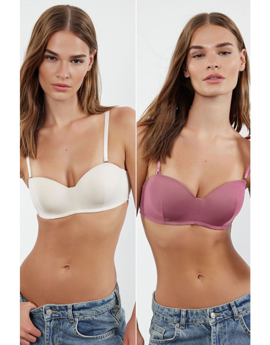 Dusty Rose-Skin 2 Pack String Strapless Padded Full Cup Balconet Knitted Bra