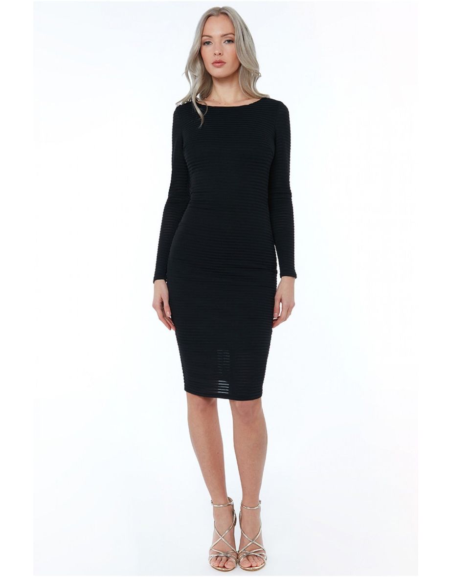 Black Ribbed Long Sleeve Midi Bodycon Dress | SilkFred UAE