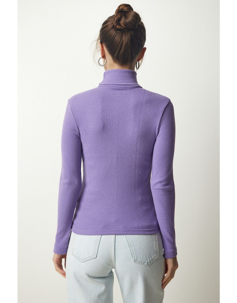 Women's Lilac Turtleneck Ribbed Knitted Blouse - 4