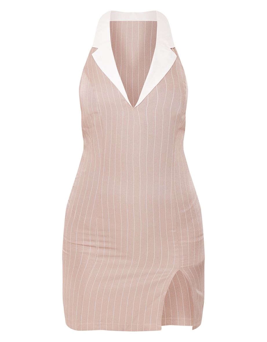 Stone Tailored Woven Pin Stripe Contrast Collar Bodycon Dress - 4