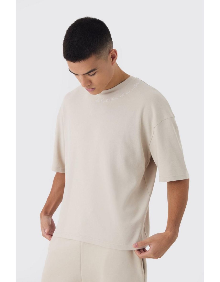 Oversized Boxy Embroidered Slogan T-shirt - stone