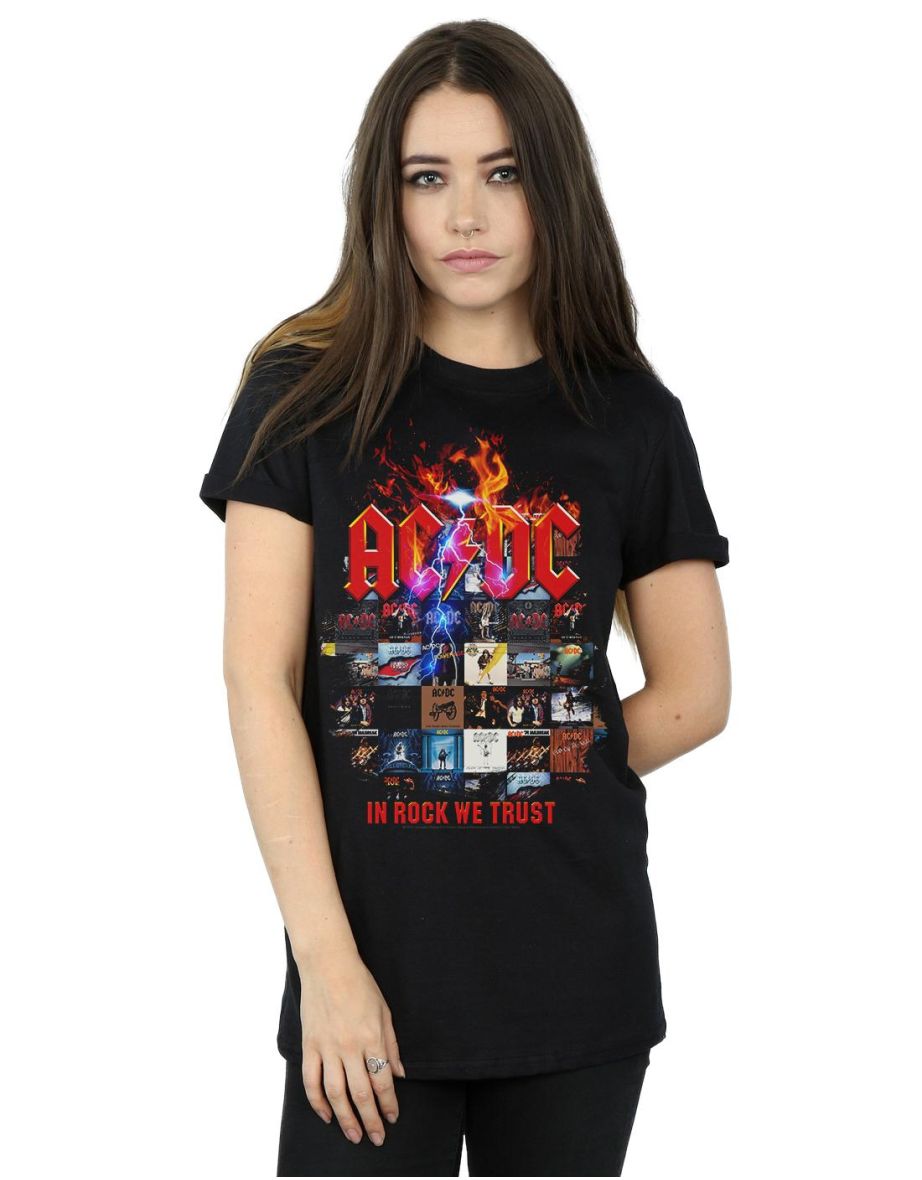 AC/DC Womens/Ladies In Rock We Trust Album Cover Cotton Boyfriend T-Shirt - Black