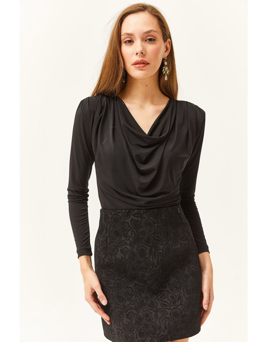 Women's Black Waistband Pleated Roll Up Collar Blous