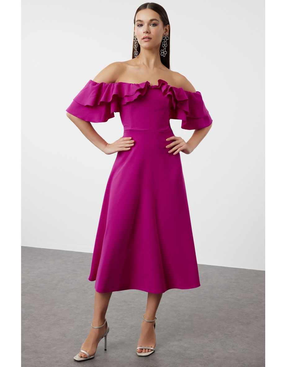 Fuchsia A-Line Woven Carmen Collar Elegant Evening Dress