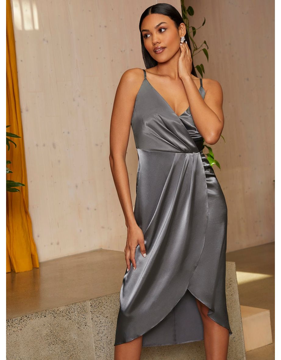 Shop Cami Wrap Style Satin Midi Dress in Grey Online in Bahrain VogaCloset