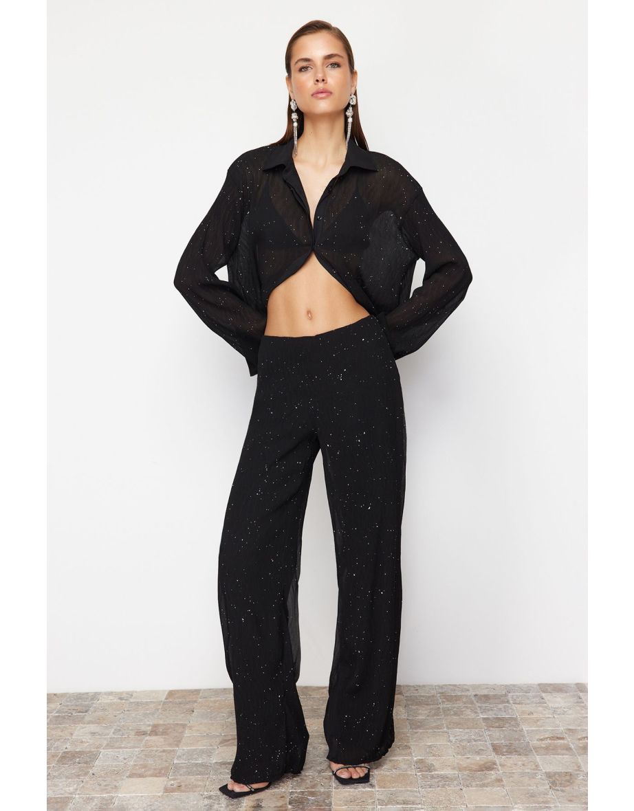 Black Lined Shiny Chiffon Trousers - 6