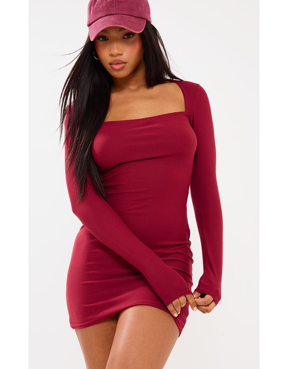 Shop Cherry Red Soft Touch Square Neck Long Sleeve Bodycon Dress Online in Bahrain VogaCloset