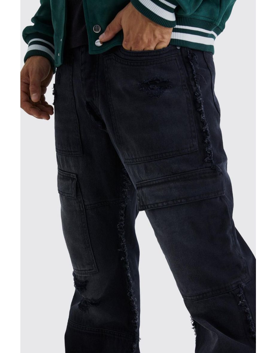 Relaxed Rigid Flare Frayed Edge Cargo Jeans - washed black - 2