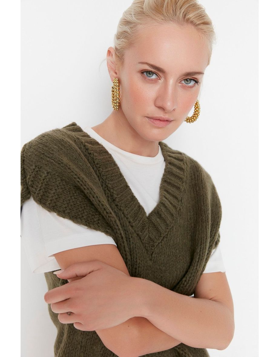 Khaki Crop Soft Textured Color Block Knitwear Sweater - 7