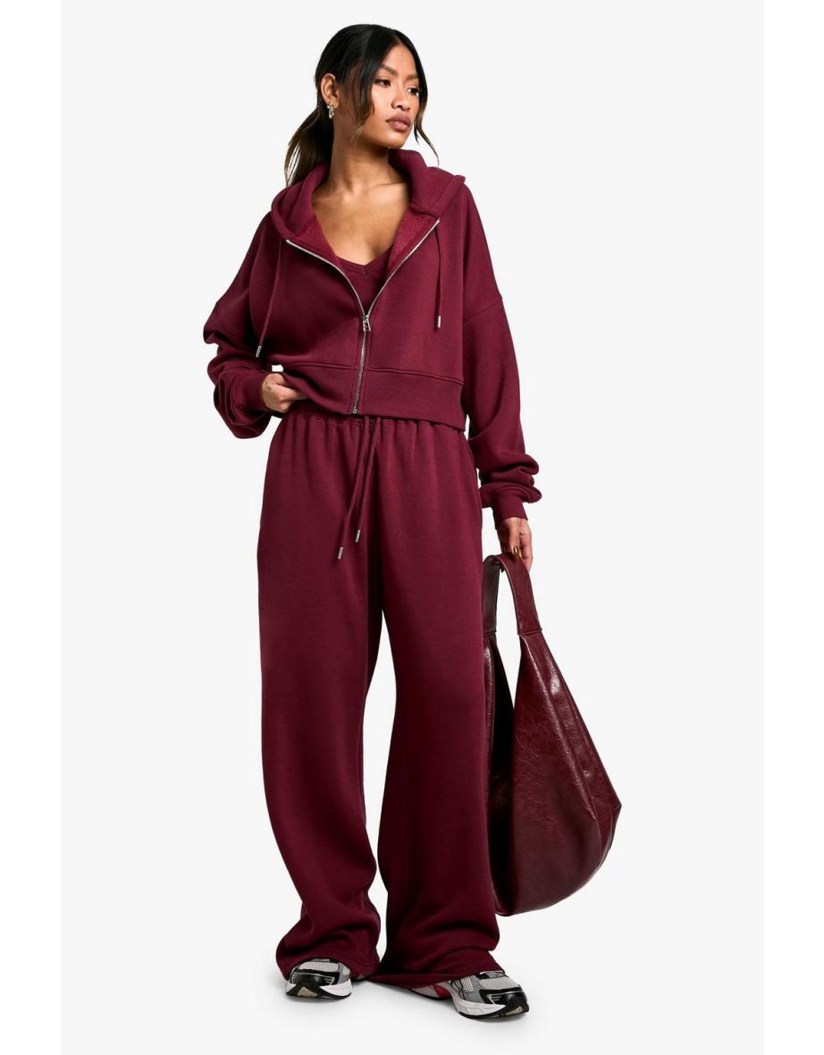 Ribbed V Neck Top 3 Piece Hooded Tracksuit - burgundy