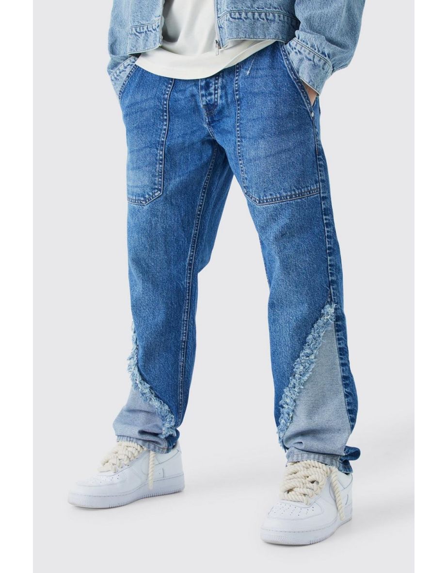 Relaxed Rigid Frayed Spliced Jeans In Mid Blue - mid blue