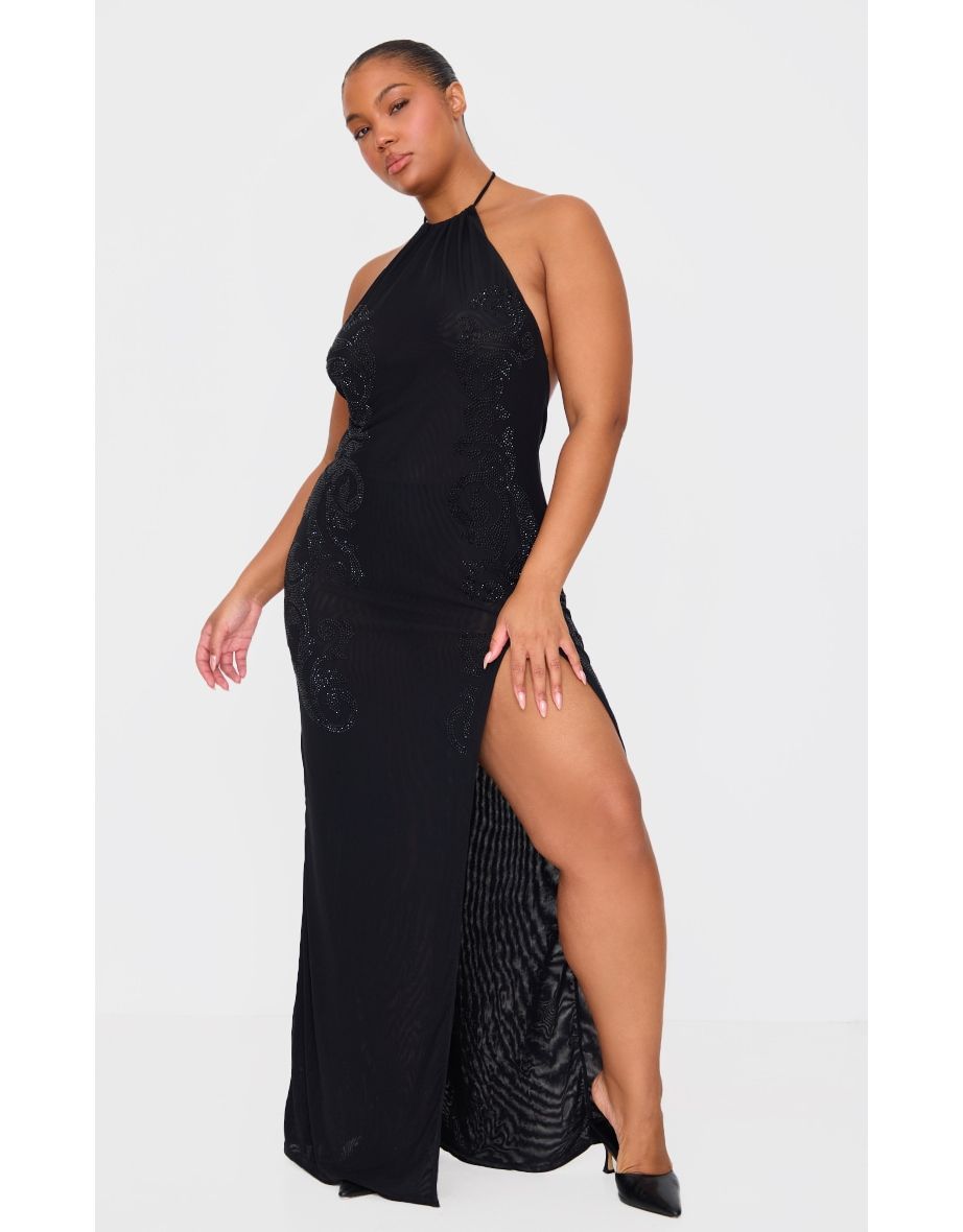 Plus Black Lined Mesh Diamante Detail Split Maxi Dress