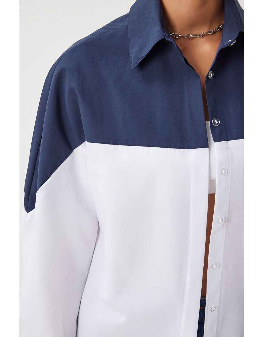 Women's Navy Blue White Block Color Boyfriend Shirt - 4