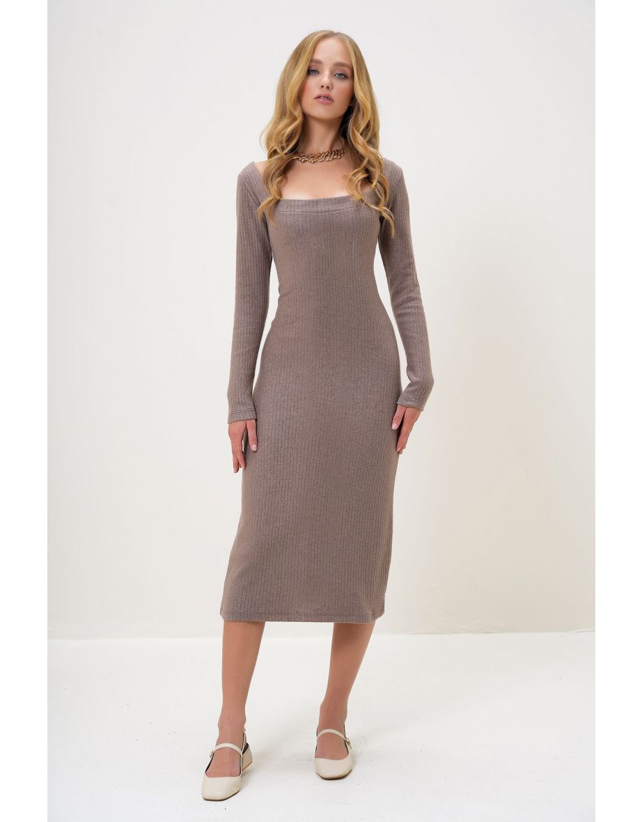 Women's Mink Square Neck Long Sleeve Midi Length Interlock Fabric Dress
