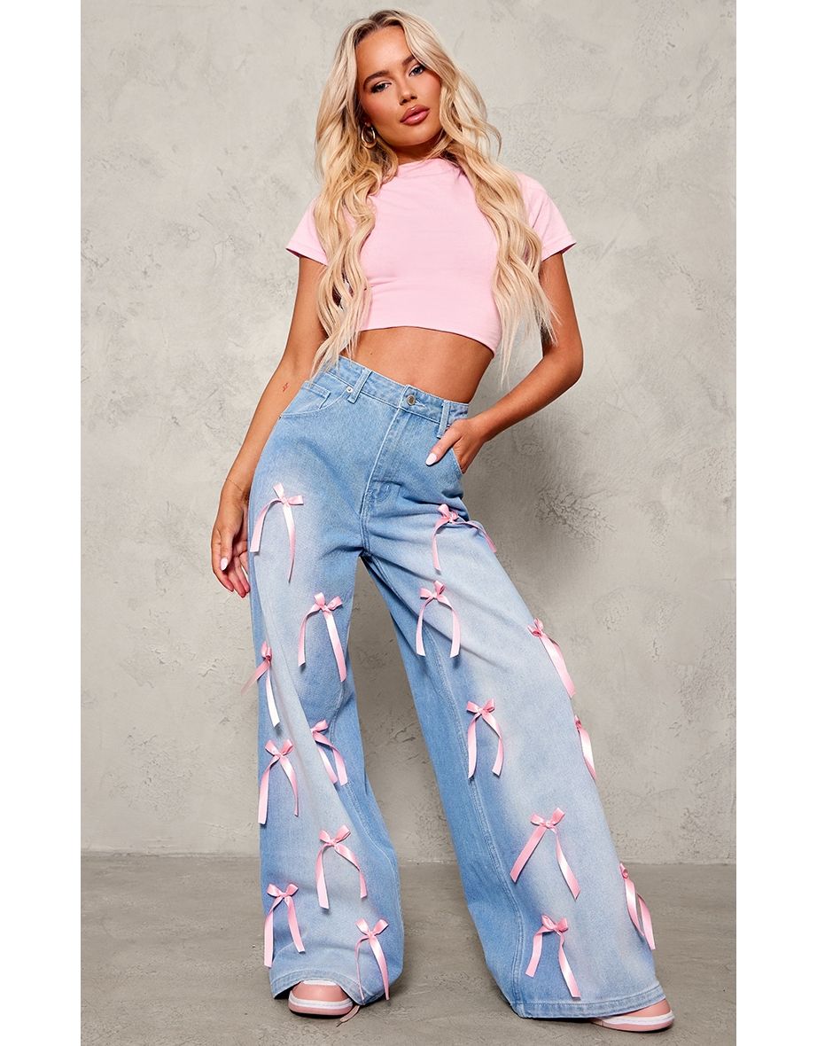 Light Wash Ribbon Bow Detail Wide Leg Jeans