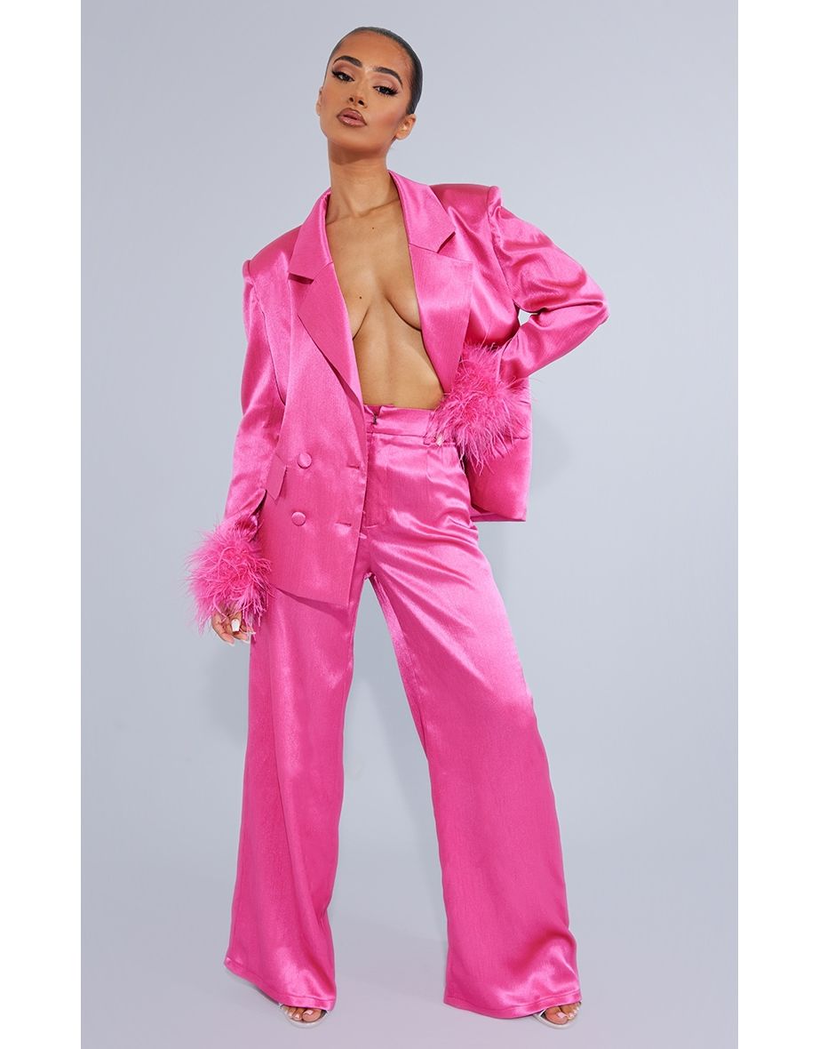 Petite Hot Pink Oversized Satin Feather Cuff Detail Suit Trouser
